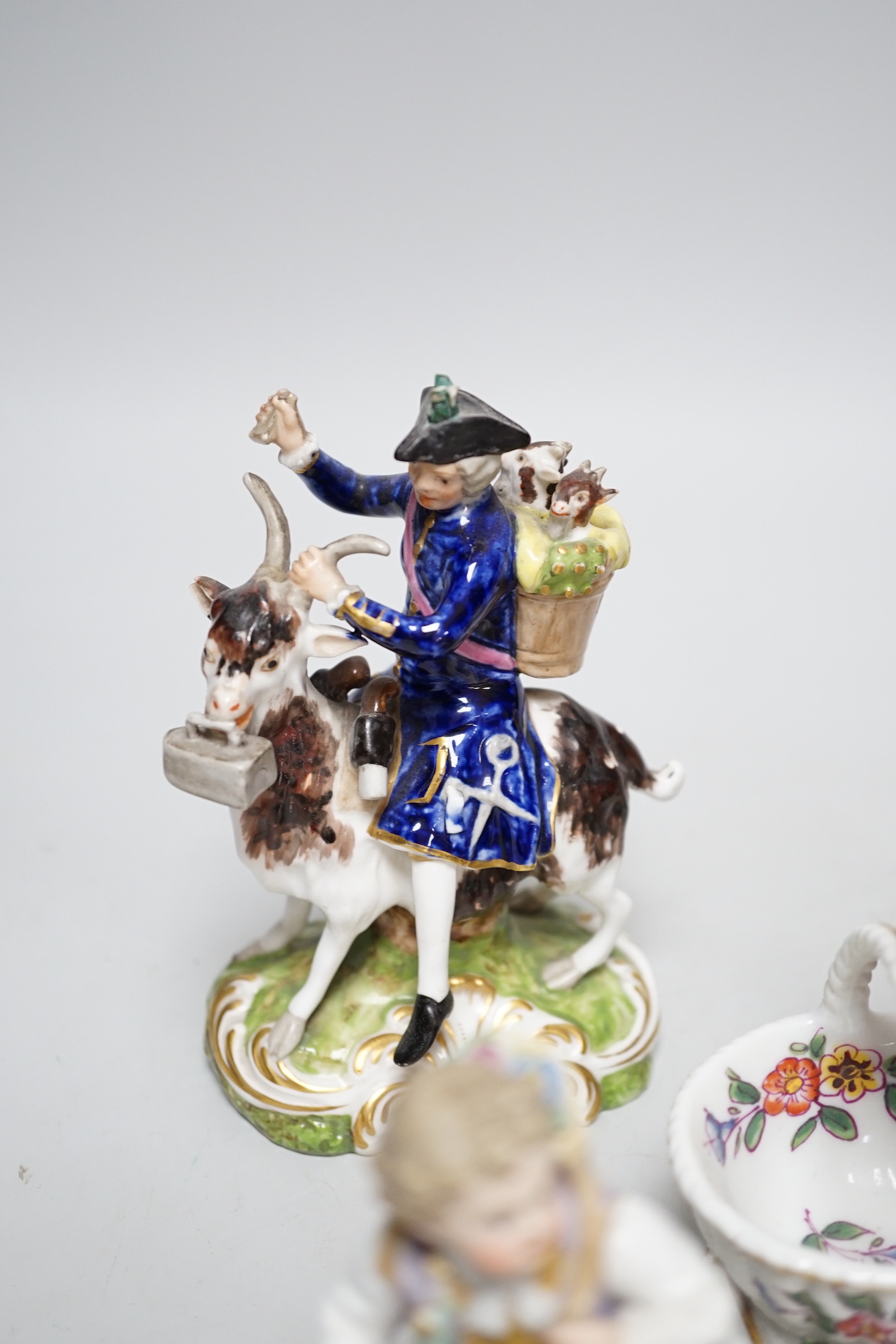 A pair of 19th century Derby figures, a pair of Meissen figures and another, tallest 13cm